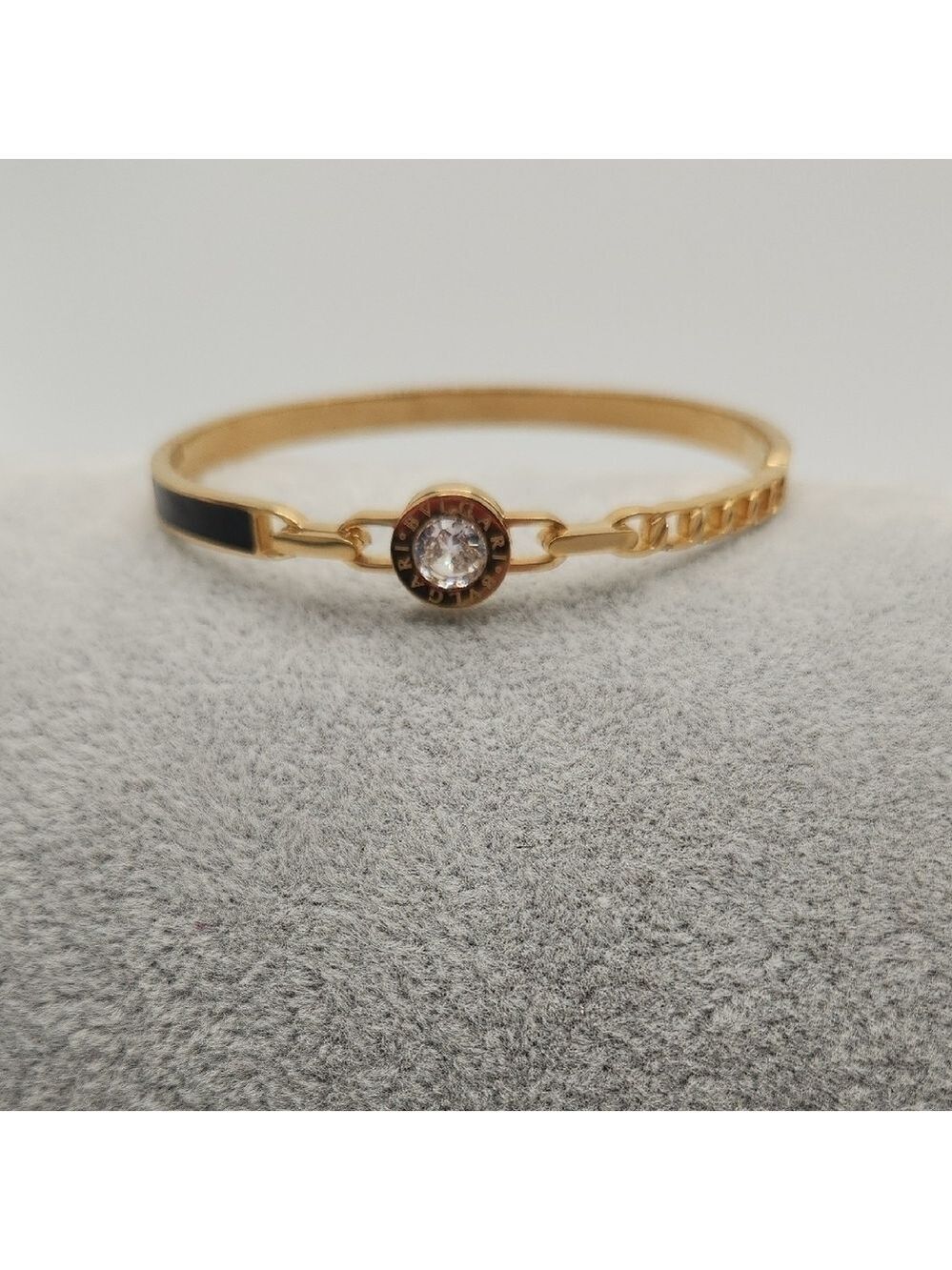 18k Gold Plated Stainless Steel Bangle Bracelet, Simulated Diamond , Black